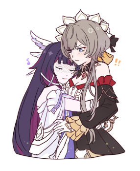 Rule 34 | !, !!, 2girls, bare shoulders, black collar, black hair, black sleeves, blue eyes, blush, bonnet, bow, breasts, brown hair, closed eyes, closed mouth, collar, columbina (genshin impact), commentary request, detached collar, detached sleeves, dress, eye mask, gears, gem, genshin impact, gloves, hair bow, hair ornament, head wings, headdress, hug, long hair, long sleeves, marureenu, mask, multicolored hair, multiple girls, multiple wings, musical note, purple hair, purple streaks, red gem, ribbon, sandrone (genshin impact), see-through clothes, see-through mask, short hair with long locks, simple background, smile, streaked hair, two-tone hair, very long hair, white background, white dress, white gloves, white headdress, white mask, white wings, winding key, wing hair ornament, wings, x-shaped eyewear, yuri