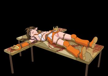 1girl absurdres bad_end bdsm black_background blood blood_stain bondage boots bound bracers breasts brown_hair elf gloves highres imminent_torture kneehighs long_hair lying midriff navel no_panties nowa_(queen's_blade) on_back pointy_ears pussy queen's_blade raised_hips restrained simple_background skirt sleeping sling_bikini_top small_breasts socks solo spiked_hair spread_legs strap strapped_down table twintails uenii unconscious