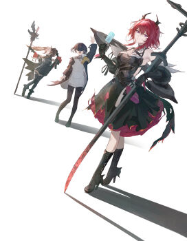 3girls absurdres angelina_(arknights) arknights arknights:_endfield bare_shoulders black_hair breasts brown_hair commentary detached_sleeves endministrator_(arknights) female_endministrator_(arknights) fia_xiang food gilberta_(arknights) highres holding holding_food holding_popsicle holding_weapon laevatein_(arknights) large_breasts long_hair looking_at_viewer multiple_girls popsicle red_hair simple_background smile surtr_(arknights) symbol-only_commentary weapon white_background