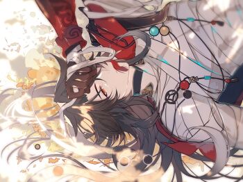 Rule 34 | 1boy, aqueasirius, bandaged chest, bandaged hand, bandages, beads, black hair, blade (honkai: star rail), chinese commentary, commentary request, double-parted bangs, gloves, hair over one eye, honkai: star rail, honkai (series), jacket, jewelry, leaf, long hair, lying, necklace, open clothes, open jacket, red eyes, red jacket, tassel, very long hair