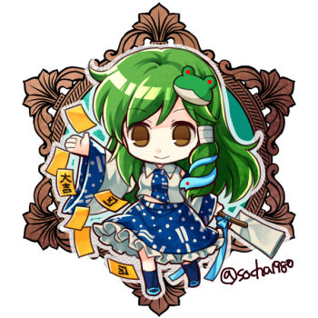 Rule 34 | blue skirt, brown eyes, commentary request, detached sleeves, frog, frog hair ornament, gohei, green hair, hair ornament, hair tubes, holding, holding gohei, kochiya sanae, long hair, nontraditional miko, ofuda, oonusa, single hair tube, single sidelock, skirt, snake, snake hair ornament, socha, touhou, white background, wide sleeves