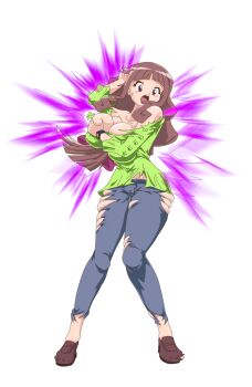 Rule 34 | 1girl, absurdres, age progression, aura, blue pants, breast expansion, breasts, brown footwear, brown hair, cleavage, commission, darkness, digimon, digimon ghost game, dress, green dress, highres, large breasts, mainkore, mankor, pants, pink eyes, purple lips, third-party edit, torn clothes, transformation, tsukiyono ruli, vital bracelet
