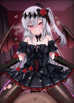 1boy 1girl absurdres bar_censor bare_shoulders bat_wings black_bow black_bowtie black_dress black_gloves blush bow bowtie breasts censored collarbone commission cowgirl_position dress fishnet_pantyhose fishnets flower frilled_dress frills girl_on_top gloves hair_flower hair_ornament heart hetero highres long_hair looking_at_viewer mare_(ac8231) medium_breasts mu46016419 naked_bowtie one_side_up original pantyhose penis protected_link red_eyes red_flower red_rose rose second-party_source sex skeb_commission solo_focus straddling sweat teeth white_hair wings