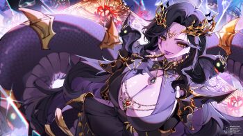 1girl absurdres artist_name black_dress black_hair breasts cleavage colored_skin colored_tongue commission dress eyelashes facial_mark flower forked_tongue highres indie_virtual_youtuber jewelry lamia large_breasts long_hair monster_girl necklace purple_tongue red_flower skeb_commission snake solo spider_lily tongue tongue_out twitter_username vexoria_the_sun_eater vexoria_the_sun_eater_(vex_2.0) virtual_youtuber weiic yellow_eyes