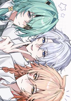 3boys anaxa_(honkai:_star_rail) antenna_hair aqua_eyes aqua_hair blonde_hair blue_eyes braid collared_shirt facial_tattoo gradient_hair green_necktie hair_intakes hair_over_shoulder highres honkai:_star_rail honkai_(series) hoooooon1099 long_hair low_ponytail male_focus medium_hair multicolored_hair multiple_boys mydei_(honkai:_star_rail) neck_tattoo necktie parted_bangs phainon_(honkai:_star_rail) pink_pupils ponytail red_hair red_tattoo shirt short_hair side_braid sideways tattoo white_hair white_shirt yellow_eyes