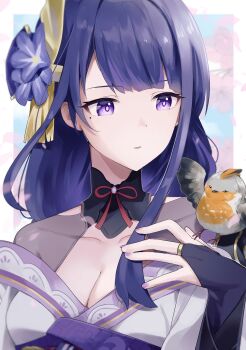 1girl absurdres bird bird_on_hand blue_sky blunt_bangs blurry breasts bridal_gauntlets cherry_blossoms cleavage collarbone commentary depth_of_field falling_petals genshin_impact hair_ornament head_tilt highres japanese_clothes kimono large_breasts long_hair looking_at_animal looking_down looking_to_the_side mitsudomoe_(shape) mole mole_under_eye nekomarurio off_shoulder outdoors parted_lips petals pink_petals purple_eyes purple_hair purple_kimono purple_nails raiden_shogun sash shade sky solo standing tomoe_(symbol) upper_body