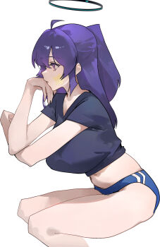 1girl absurdres ahoge bare_legs black_shirt blue_archive blue_buruma breasts buruma cropped_shirt dokshuri feet_out_of_frame half_updo halo highres invisible_chair large_breasts long_hair looking_ahead official_alternate_costume purple_eyes purple_hair shirt short_hair simple_background sitting solo t-shirt white_background yuuka_(blue_archive) yuuka_(track)_(blue_archive)