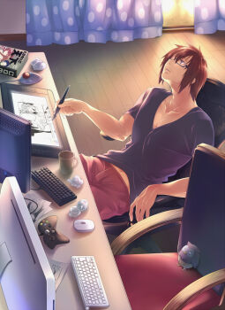 1boy ahoge beard book chair closed_mouth collarbone commentary_request computer computer_keyboard computer_mouse controller cover cover_page cowboy_shot cup curtains desk drawing_(action) drawing_tablet facial_hair from_above game_controller gamepad glasses hair_between_eyes holding holding_stylus indoors koi_no_kotoba looking_up manga_cover midori_no_ruupe monitor muscular muscular_male navel office_chair on_chair pants pectorals purple_eyes purple_shirt red_pants shirt short_hair short_sleeves sitting solo stubble stylus swivel_chair yoshikawa_tounosuke_(koi_no_kotoba)