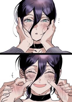 1girl 1other black_choker blush busuttt chainsaw_man choker closed_eyes commentary_request green_eyes grey_sweater hair_between_eyes hair_bun hand_blush hands_on_another's_cheeks hands_on_another's_face highres holding_hands korean_commentary looking_at_viewer medium_hair open_mouth parted_lips purple_hair reze_(chainsaw_man) smile sweater updo upper_body white_background