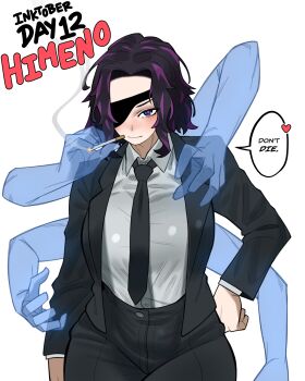 1girl black_necktie black_pants boku_no_hero_academia chainsaw_man cigarette closed_mouth cosplay english_text female_focus formal_clothes hand_on_own_hip heart himeno_(chainsaw_man) himeno_(chainsaw_man)_(cosplay) lady_nagant looking_at_viewer loopvoid matching_hair/eyes necktie pants purple_eyes purple_hair smile solo speech_bubble