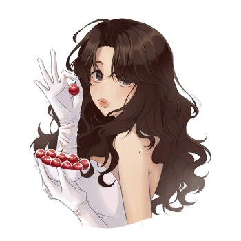 Rule 34 | 1girl, bare shoulders, bowl, breasts, brown hair, cherry, closed mouth, cropped torso, dress, food, fruit, gloves, highres, holding, holding bowl, holding cherry, holding food, holding fruit, kuraedo, lips, long hair, looking at viewer, mole, mole on shoulder, original, parted bangs, photo-referenced, simple background, solo, wavy hair, white background, white dress, white gloves