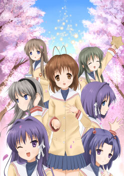 Rule 34 | 00s, 6+girls, cherry blossoms, clannad, fujibayashi kyou, fujibayashi ryou, furukawa nagisa, highres, ibuki fuuko, ichinose kotomi, miyazawa yukine, multiple girls, sakagami tomoyo, school uniform, shizupu, siblings, sisters, starfish, twins
