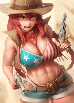 1girl abs absurdres bandana bandana_around_neck belt blue_shorts blurry blurry_background breasts brown_belt brown_hat brown_vest cleavage commentary cowboy_hat cowboy_shot curvy dragon_girl dragon_horns eyeliner gun hair_between_eyes handgun hashtag-only_commentary hat highres holding holding_gun holding_weapon horns large_breasts light_particles looking_to_the_side makeup navel numanoan open_clothes open_mouth open_vest red_hair revolver short_shorts shorts sidelocks skull_belt slit_pupils smoke solo sweat symbol-only_commentary teeth thick_thighs thighs toned toned_female twintails vest virtual_youtuber vshojo weapon wet yellow_eyes zentreya zentreya_(cowboy_bikini) zentreya_(dragon)