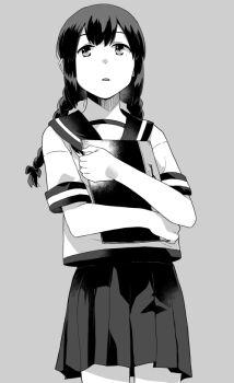 1girl book cowboy_shot drill_hair greyscale isonami_(kancolle) kantai_collection long_hair looking_up makio_(makiomeigenbot) monochrome pleated_skirt sailor_collar school_uniform serafuku skirt solo standing twin_drills