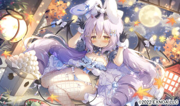 1girl angelic_link animal_ears autumn_leaves black_gloves bow breasts chestnut_mouth cleavage cleavage_cutout clothing_cutout cloud commentary_request dated demon_tail demon_wings detached_sleeves dress dumpling female_focus fishnets food frills full_moon furrowed_brow garter_straps gloves green_eyes hair_between_eyes hair_bow lantern leaf loli long_hair looking_at_viewer low_twintails momozu_komamochi moon navel night night_sky official_art open_clothes open_dress outdoors panties purple_dress purple_hair purple_panties rabbit_ears rabbit_pose revealing_clothes showgirl_skirt shy sitting skindentation sky small_breasts tail thighs train_(clothing) twintails underwear very_long_hair wariza white_bow wing_bow wings