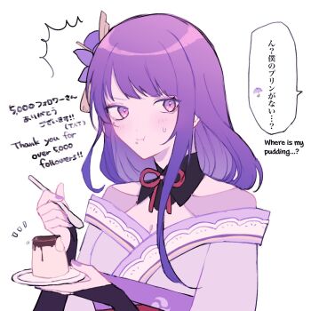 1girl :t ^^^ black_bridal_gauntlets black_collar blunt_bangs blush breasts bridal_gauntlets cleavage closed_mouth collar eating eyeliner eyeshadow flower food food_on_face genshin_impact gold_trim hair_flower hair_ornament hands_up highres holding holding_plate holding_spoon japanese_clothes kimono kumayururi lace lace-trimmed_kimono lace_trim long_single_sidelock looking_to_the_side makeup milestone_celebration mitsudomoe_(shape) mole mole_under_eye notice_lines obi off_shoulder pink_eyes pink_kimono pink_shrug plate pudding purple_flower purple_hair purple_sash purple_trim raiden_shogun red_eyeliner red_eyeshadow sash shrug_(clothing) single_sidelock small_breasts solo source_request spoon string sweatdrop swept_bangs tassel tassel_hair_ornament tomoe_(symbol) white_background