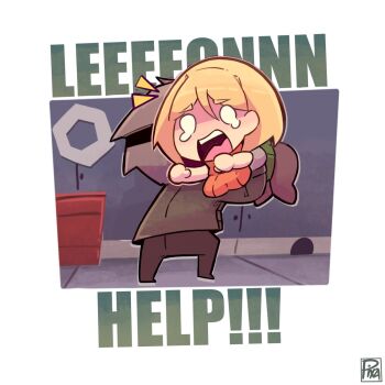 Rule 34 | 1boy, 1girl, ashley graham, blonde hair, breasts, chibi, english text, highres, kidnapped, long hair, looking at viewer, medium breasts, open mouth, pixzapix, resident evil, resident evil 4, resident evil 4 (remake), scared