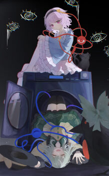 2girls ^_^ absurdres bird black_background black_bird black_cat black_hairband black_hat black_thighhighs blouse blue_shirt bow buttons cat closed_eyes collared_shirt crow diamond_button eyeball floral_print floral_print_skirt frilled_shirt_collar frilled_skirt frilled_sleeves frills green_bow green_hair green_skirt hair_ornament hairband hat hat_bow heart heart_button heart_hair_ornament heart_of_string highres kaenbyou_rin kaenbyou_rin_(cat) komeiji_koishi komeiji_satori medium_hair multiple_girls multiple_tails open_mouth pink_eyes pink_hair pink_skirt print_skirt red_eyes reiuji_utsuho reiuji_utsuho_(bird) ribbon-trimmed_collar ribbon_trim rose_print shirt siblings sisters sitting skirt slippers smile tail thighhighs third_eye touhou two_tails unworn_headwear washing_machine wide_sleeves yellow_bow yellow_shirt yuuneka