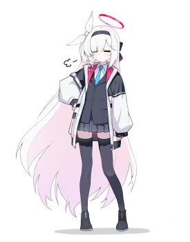 1girl absurdres ankle_boots arm_at_side black_boots black_bow black_hairband black_jacket black_skirt black_thighhighs blazer blue_archive blue_necktie blush boots bow braid buttons chinese_commentary closed_eyes collared_shirt colored_inner_hair commentary_request cosplay eyes_visible_through_hair full_body hair_bow hair_over_one_eye hairband halo hand_on_own_hip highres jacket kei_(blue_archive) kei_(blue_archive)_(cosplay) long_hair long_sleeves making-of_available miniskirt multicolored_hair multicolored_jacket multiple_hair_bows necktie open_clothes open_jacket parted_lips pink_hair pink_jacket plana_(blue_archive) pleated_skirt puff_of_air puffy_long_sleeves puffy_sleeves red_halo shirt side_braid sigh simple_background single_braid skirt solo standing thighhighs two-tone_hair very_long_hair white_background white_bow white_hair white_jacket white_shirt xingyun_fankic zettai_ryouiki