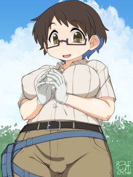 1girl belt blue_hair blue_sky breasts brown_eyes brown_hair brown_pants cloud collared_shirt commentary_request covered_erect_nipples curvy day glasses highres imari_youko large_breasts looking_at_viewer multicolored_hair navel nurugamer-kouyouju open_mouth outdoors pants ribbed_shirt ruri_no_houseki semi-rimless_eyewear shirt short_hair signature sky smile solo standing taut_clothes taut_pants taut_shirt two-tone_hair under-rim_eyewear white_shirt