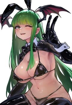 1girl ap_cammy bikini black_bikini black_thighhighs blush breasts commentary_request cowboy_shot darkstalkers demon_girl demon_wings green_eyes green_hair head_wings heart highres latex long_hair morrigan_aensland navel one_eye_closed reverse_bunnysuit reverse_outfit revision shiny_clothes simple_background smile solo swimsuit thighhighs v white_background wings