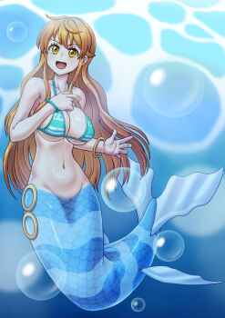 1girl absurdres air_bubble antenna_hair bangle bikini bikini_top_only blue_background blue_tail blush bracelet breasts bubble cleavage commentary_request els_(ljhlee12) fins green_bikini groin hair_between_eyes hair_flaps highres jewelry korean_commentary large_breasts long_hair long_sidelocks mermaid monster_girl nami_(one_piece) navel one_piece open_mouth orange_eyes orange_hair scales sidelocks smile solo swimsuit tail tail_ornament tail_ring underwater