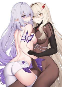 2girls ass black_bodysuit blonde_hair blush bodysuit breast_press breasts castorice_(honkai:_star_rail) closed_mouth commentary crossover genshin_impact gloves hair_between_eyes hair_in_own_mouth hair_intakes hair_ornament hand_on_another&#039;s_crotch highres honkai:_star_rail honkai_(series) large_breasts long_hair looking_at_viewer median_furrow mihoyo multiple_girls orange_eyes pak_ce pantyhose pointy_ears purple_eyes purple_gloves ronova_(genshin_impact) shoulder_blades sidelocks simple_background single_leg_pantyhose symbol-shaped_pupils symmetrical_docking thighs topless_female very_long_hair white_background white_pantyhose yuri