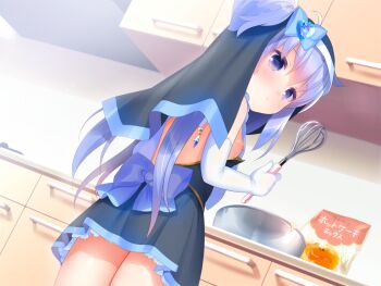 1girl bare_back bare_shoulders blue_bow blue_eyes blue_hair blue_skirt blue_veil bow breasts cooking cowl elbow_gloves from_behind game_cg gloves harem_futago_lolita indoors kitchen large_variant_set loli long_hair looking_back nipples non-web_source nude pleated_skirt skirt small_breasts solo sunao_(harem_futago_lolita) thighs two_side_up usashiro_mani variant_set veil whisk white_gloves