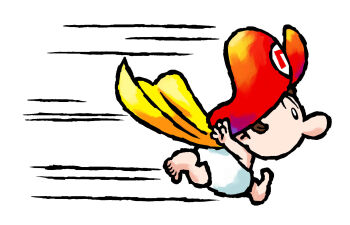 1boy baby baby_mario brown_hair cape cape_mario diaper from_side hat highres mario mario_(series) motion_lines nakagawa_yasuhisa nintendo official_art red_hat short_hair simple_background solo super_mario_world_2:_yoshi's_island third-party_source white_background yellow_cape yoshi's_island_ds