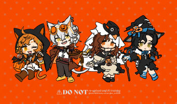 1other 3girls :d :o ;d absurdres adoptive_siblings adversarial_noise animal_ear_hood animal_ears black_dress black_hair black_hat blue_shoes boots brown_boots brown_coat brown_eyes brown_pants brown_shorts cane cape cat_tail chain chibi coat commentary_request dress fake_animal_ears green_eyes hat highres holding holding_cane holding_pocket_watch hood hooded_cape invisible_chair long_hair looking_at_viewer lopera_(reverse:1999) medicine_pocket moldir_(reverse:1999) multiple_girls official_alternate_costume one_eye_closed open_mouth orange_eyes orange_hair pants pocket_watch polka_dot polka_dot_background reverse:1999 shirt shoes shorts siblings sisters sitting smile standing tail tn_kn1000 tooth_fairy_(reverse:1999) veil watch watermark white_dress white_hair white_shirt white_veil witch_hat yellow_eyes yellow_shoes