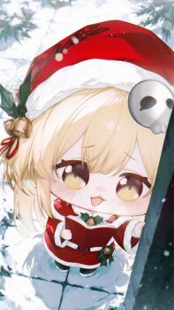 1girl absurdres bell black_boots blonde_hair blush_stickers book boots brown_eyes capelet christmas commentary_request dress from_above fur-trimmed_capelet fur-trimmed_dress fur-trimmed_headwear fur-trimmed_sleeves fur_trim hair_between_eyes hair_ornament hat highres holding holding_book long_hair long_sleeves looking_at_viewer looking_up meme open_book open_mouth red_capelet red_dress red_hat renoahh santa_costume santa_hat skull_hair_ornament solo speaki_(trickcal) speakiposting_(meme) trickcal very_long_hair wide_sleeves