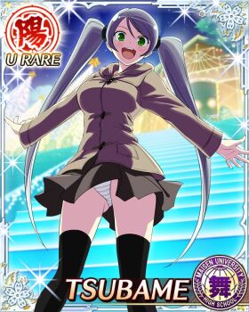 Rule 34 | 1girl, :d, black skirt, black thighhighs, border, breasts, brown coat, card (medium), casual, character name, christmas lights, christmas tree, coat, from below, game cg, gluteal fold, green eyes, grey hair, large breasts, long hair, looking at viewer, night, night sky, official art, open mouth, outstretched arms, panties, senran kagura, senran kagura new wave, skirt, sky, smile, solo, spread arms, stairs, striped clothes, striped panties, swept bangs, teeth, thighhighs, third-party source, tsubame (senran kagura), twintails, underwear, upper teeth only, very long hair, winter clothes, winter coat