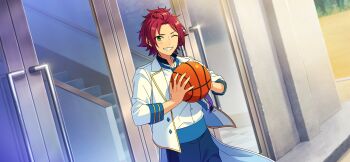 Rule 34 | 1boy, ball, bangs pinned back, basketball (object), blue necktie, clenched teeth, curtained hair, door, ensemble stars!, feature scout 1 (ensemble stars!), fingernails, floating clothes, game cg, green eyes, hands up, happy elements, holding, holding ball, isara mao, lapels, layered clothes, long sleeves, looking at viewer, male focus, necktie, notched lapels, official art, one eye closed, outdoors, short hair, smile, solo, stairs, teeth, third-party source, three-quarter sleeves, upper body