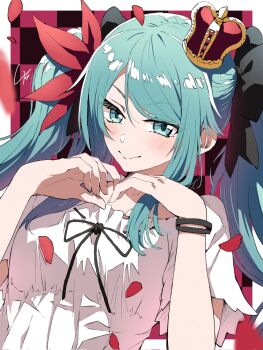 Rule 34 | 1girl, 4b-enpitsu, aqua eyes, aqua hair, black bow, black ribbon, blurry, blurry foreground, blush, border, bow, bracelet, breasts, checkered background, closed mouth, commentary, corrupted twitter file, crown, dress, dutch angle, falling petals, feather hair ornament, feathers, hair between eyes, hair bow, hair ornament, hands up, hatsune miku, hatsune miku (supreme), highres, jewelry, long hair, looking at viewer, medium breasts, mini crown, neck ribbon, petals, red feathers, red petals, ribbon, short sleeves, sidelocks, signature, smile, solo, swept bangs, twintails, upper body, v-shaped eyebrows, vocaloid, white border, white dress, world is mine (vocaloid)