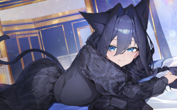 1girl absurdres animal_ear_fluff animal_ears black_dress blue_eyes blue_hair braid breasts cat_ears cat_girl cat_tail closed_mouth commentary dress embroidered_dress hair_intakes highres hololive hololive_english indoors juliet_sleeves large_breasts long_dress long_hair long_sleeves looking_at_viewer low_twin_braids lying official_alternate_costume official_alternate_hairstyle on_stomach ouro_kronii ouro_kronii_(maid) puffy_sleeves smile solo symbol-only_commentary tail twin_braids virtual_youtuber yoellim5