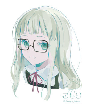 1girl absurdres aikatsu! aikatsu!_(series) ameyui_komori black-framed_eyewear black_dress blonde_hair blunt_bangs closed_mouth collared_shirt commentary_request cropped_shoulders dress glasses green_eyes highres long_hair looking_at_viewer neck_ribbon rectangular_eyewear red_ribbon ribbon school_uniform shirt short_bangs sidelocks simple_background sleeveless sleeveless_dress smile solo straight_hair todo_yurika twitter_username white_background white_shirt
