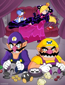 1girl 2boys absurdres animal_ears big_nose black_cape black_dress black_gloves blonde_hair blue_eyes blue_overalls bob-omb bored boshi_(super_mario_rpg) bracelet brown_hair cape character_doll cleft_chin couch crown curtains doll dress driving elbow_gloves facial_hair food full_body game_console garlic gloves grin hat highres holding holding_food hooded_dress initial jewelry latex latex_dress leather_dress letter_print light_blush long_hair long_sleeves looking_at_viewer lying mario_(series) mario_power_tennis mario_tennis mini_crown multiple_boys mustache nes newsboy_cap nico-neko nintendo nintendo_64_controller on_couch on_side overalls parody pillow pocky pointy_ears purple_headwear purple_overalls purple_shirt shirt short_hair short_sleeves skull smile spiked_bracelet spikes super_mario_rpg teeth waluigi wario warupeach white_gloves yatterman yellow_headwear yellow_shirt