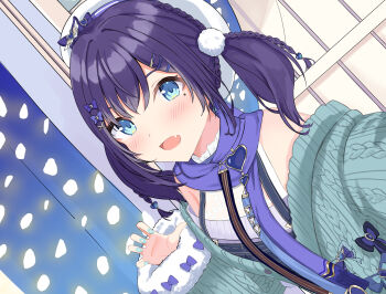1girl absurdres aiba_uiha aiba_uiha_(2nd_costume) animal_ears animal_hands blue_eyes blue_hair cardigan claws commentary_request dog_ears dog_girl hair_ornament hairclip highres karmq long_sleeves mole nijisanji open_mouth overalls solo virtual_youtuber