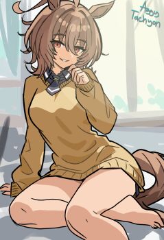 1girl aggytachyon agnes_tachyon_(casual)_(umamusume) agnes_tachyon_(tach-nology)_(umamusume) agnes_tachyon_(umamusume) ahoge animal_ears arm_support artist_name barefoot breasts brown_hair collared_shirt commentary duplicate english_commentary feet_out_of_frame hair_between_eyes highres horse_ears horse_girl horse_tail huge_ahoge indoors light_rays long_sleeves looking_at_viewer medium_breasts no_pants red_eyes seductive_smile seiza shadow shirt sitting sleeves_past_wrists smile solo sweater_vest tail thighs umamusume yellow_sweater_vest