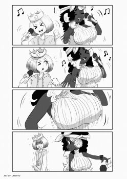 >_< 1futa 1girl :d bouncing bouncing_breasts breasts bulge closed_eyes couple crown dark-skinned_female dark_skin erection erection_under_clothes futanari highres holding holding_microphone interracial large_breasts looking_at_viewer marina_(splatoon) microphone monochrome musical_note nintendo octoling one_eye_closed open_mouth pearl_(splatoon) simple_background smile splatoon_(series) splatoon_2 splatoon_2:_octo_expansion tentacle_hair trembling umeyiyo