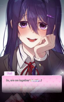 1girl absurdres artist_name blazer blood blood_on_hands bloody_knife blush bow brown_sweater_vest buttons chromatic_aberration collared_shirt crazy_grin crazy_smile dialogue_box doki_doki_literature_club doki_doki_literature_club_school_uniform english_text eyebrows_hidden_by_hair glint glitch gradient_background hair_ornament hairclip hand_on_own_face highres implied_murder jacket knife long_hair neck_ribbon onyang pink_polka_dots polka_dot purple_eyes purple_hair raised_inner_eyebrows red_bow ribbon school_uniform shirt simple_background smile sweatdrop sweater_vest user_interface vignetting watermark white_shirt yandere yuri_(doki_doki_literature_club)