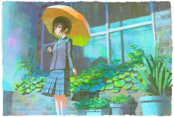 1girl aqua_necktie backpack bag blazer blue_eyes border brick_wall brown_hair closed_mouth commentary_request diagonal-striped_clothes diagonal-striped_necktie dot_nose feel_(nasitaki) highres holding holding_umbrella jacket kneehighs long_sleeves necktie orange_umbrella original outdoors plaid_clothes plaid_skirt plant pleated_skirt potted_plant rain school_uniform shirt short_hair skirt socks solo standing striped_clothes umbrella white_border white_shirt white_socks window