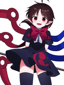 1girl :d arms_behind_back asymmetrical_wings black_dress black_thighhighs blue_wings blush bow bowtie brown_hair commentary_request dress highres holding holding_polearm holding_weapon houjuu_nue long_hair looking_at_viewer open_mouth pointy_ears polearm red_bow red_bowtie red_eyes red_wings short_sleeves simple_background smile solo thighhighs touhou weapon white_background wings you_(noanoamoemoe)
