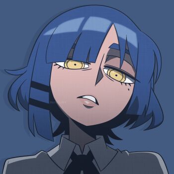 1girl artist_name blue_background blue_hair bocchi_the_rock! close-up hair_ornament hairclip highres lips looking_at_viewer mole mole_under_eye parallel_hairclips parted_lips sayasushiswag school_uniform short_hair shuka_high_school_uniform simple_background solo upper_body yamada_ryo yellow_eyes