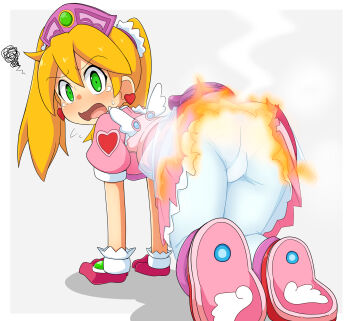1girl all_fours alternate_costume alternate_hair_color annoyed ass bent_over blonde_hair blush breasts burnt_clothes come_hither from_behind gloves green_eyes highres huge_ass legs looking_at_viewer looking_back magical_girl open_mouth pantyhose saru_getchu sayaka_(saru_getchu) sideboob small_breasts solo sony tears thick_thighs thighs tongue torn_clothes