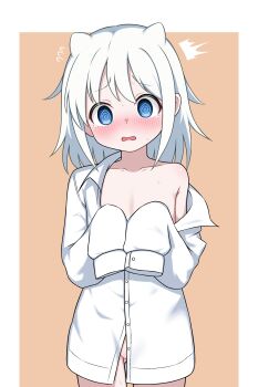 1girl @_@ ^^^ absurdres blue_eyes blush border brown_background collarbone commission cowboy_shot embarrassed flat_chest flying_sweatdrops gluteal_fold highres loli long_sleeves looking_at_viewer medium_hair nose_blush null-meta open_mouth outside_border oversized_clothes partially_unbuttoned pixiv_commission shirt simple_background single_bare_shoulder sleeves_past_fingers sleeves_past_wrists solo takada_shiyuki tearing_up tears white_border white_hair white_shirt zing_(z_z_zing)