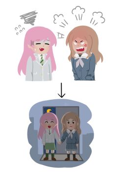 2girls angry bang_dream! bang_dream!_it's_mygo!!!!! blue_shirt blue_skirt brown_hair chihaya_anon chinese_commentary commentary_request fanjing green_skirt grey_jacket haneoka_school_uniform highres holding_hands irasutoya jacket long_hair mifune_takashi_(style) multiple_girls nagasaki_soyo open_mouth parody puff_of_air school_uniform shirt sidelocks simple_background skirt squiggle style_parody sweatdrop white_background yuri