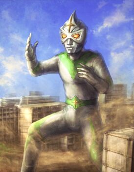 1boy absurdres alien blue_sky building city cloud crest cross day dust fighting_stance giant glowing glowing_eyes highres kaijin mirrorman mirrorman_(series) no_humans no_pupils robuja seijin sky superhero_costume tsuburaya_productions yellow_eyes