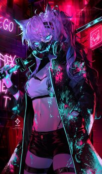 1girl animal_ear_fluff animal_ears arknights artist_name belt black_coat black_shorts breasts coat glowing glowing_eyes grey_hair hair_ornament hairclip highres holding holding_sword holding_weapon lappland_(arknights) long_hair looking_at_viewer mask medium_breasts midriff navel paint_on_body paint_on_clothes paint_splatter respirator scar scar_across_eye scar_on_face shorts solo strapless sword team.achv thigh_belt thigh_strap tube_top weapon white_tube_top wolf_ears wolf_girl