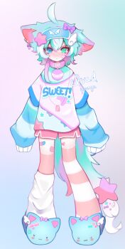 1boy absurdres adoptable ahoge animal_ears animal_slippers aqua_eyes aqua_hair asymmetrical_legwear blue_eyes blue_shirt blue_slippers bow cat_slippers closed_mouth clothes_writing cloud_(lufaeris) collar commentary double-parted_bangs english_commentary full_body hair_between_eyes hair_bow hair_ornament heterochromia highres layered_sleeves long_sleeves looking_at_viewer male_focus original pink_collar pink_shirt pink_shorts pink_thighhighs purple_bow shirt short_hair short_over_long_sleeves short_sleeves shorts sleeves_past_fingers sleeves_past_wrists slippers solo star_(symbol) star_hair_ornament striped_clothes striped_thighhighs tail thighhighs undershirt